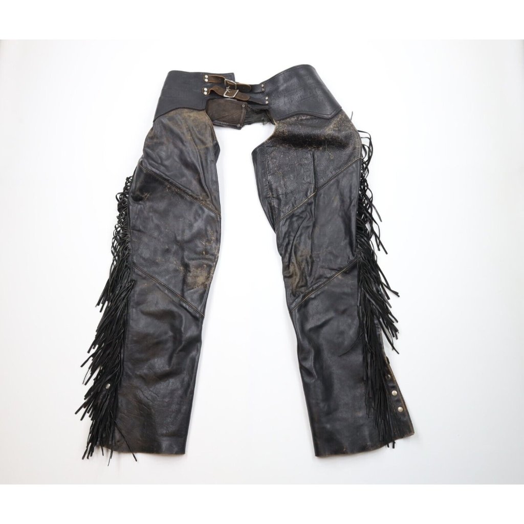 Vtg 80s Harley Davidson Mens 38x32 Distressed Fringed Leather Motorcycle Chaps